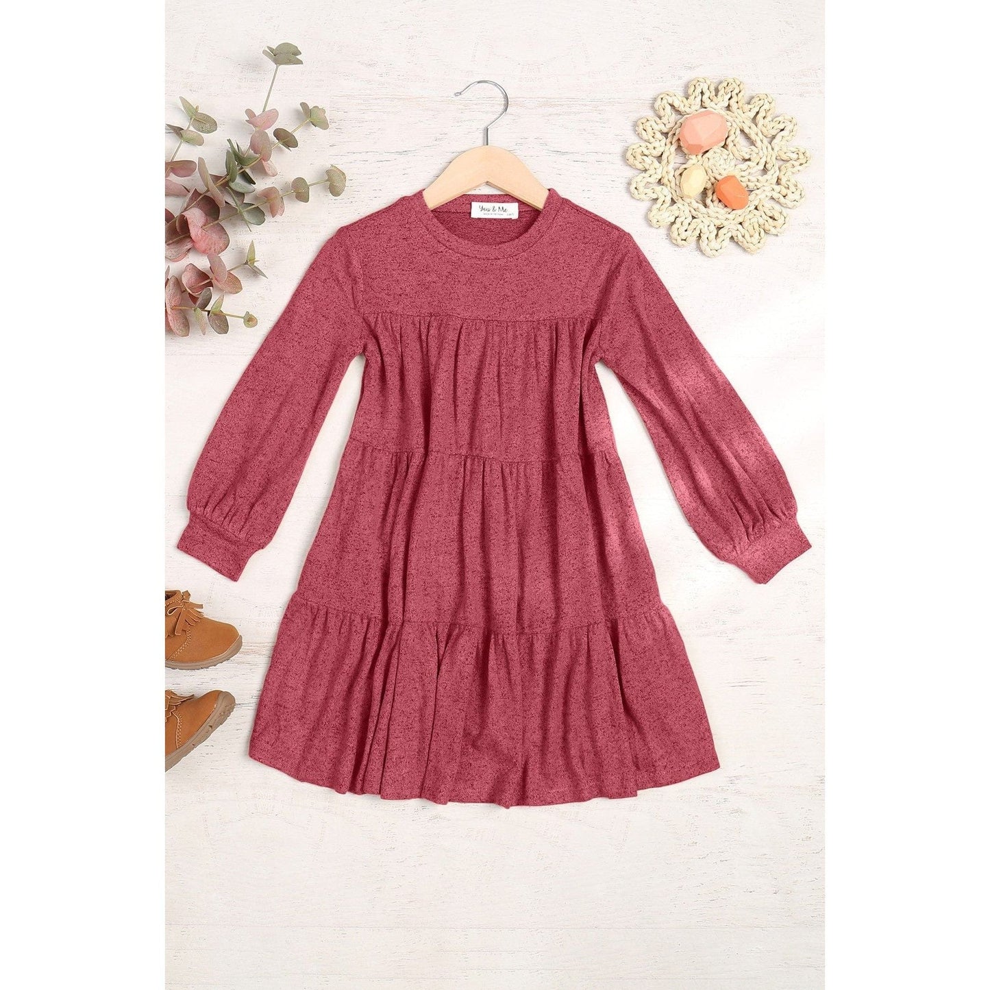 Kids Puff Long Sleeve Tiered Hacci Brushed Dress