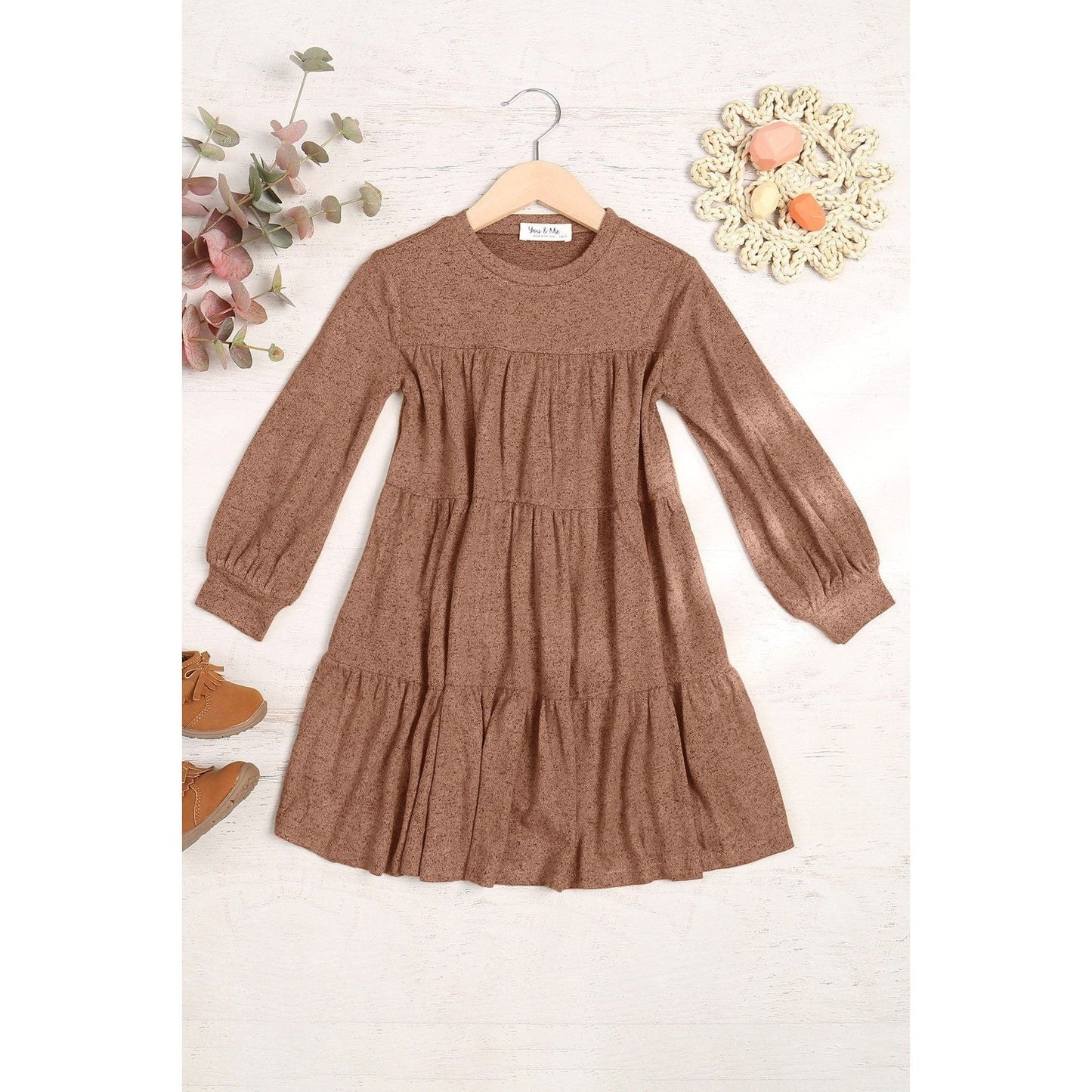 Kids Puff Long Sleeve Tiered Hacci Brushed Dress