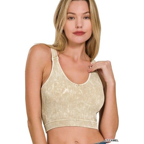 Washed Ribbed Cropped Seamless Bra Padded Tank Top