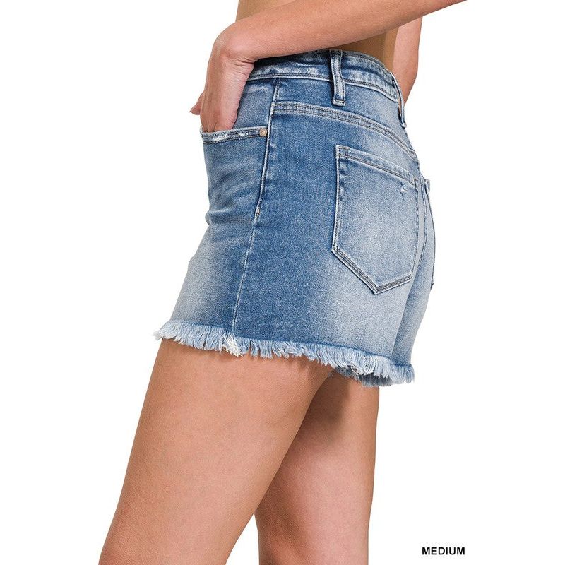 Mid Rise Raw Frayed Hem Denim Shorts