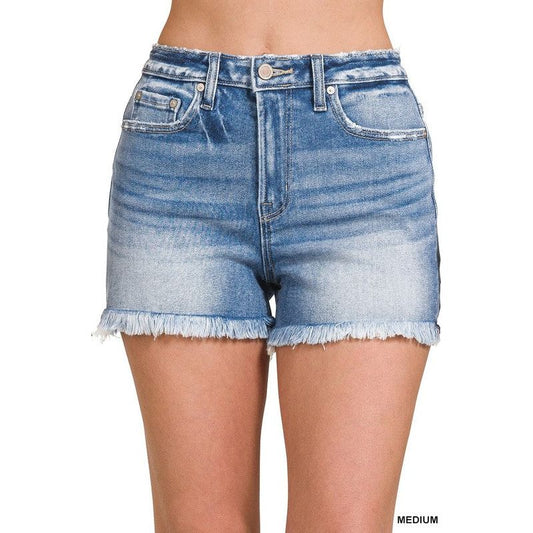 Mid Rise Raw Frayed Hem Denim Shorts