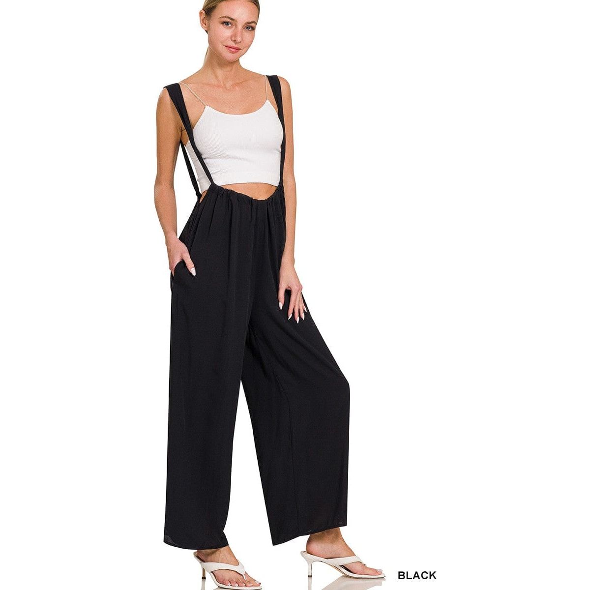 Woven Tie Back Suspender Jumpsuit With Pockets