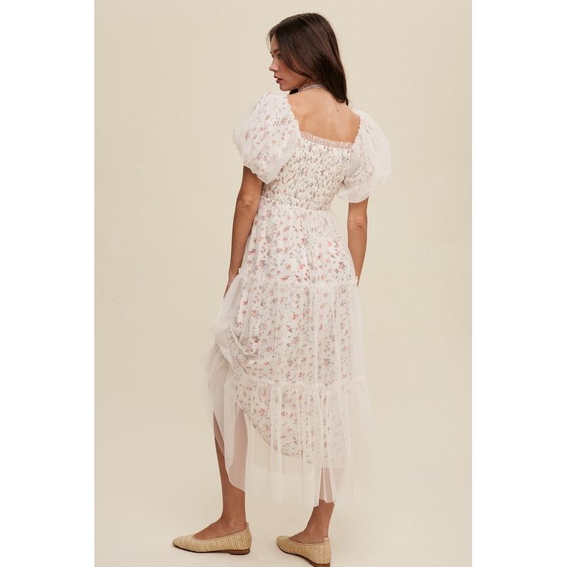 Floral Print and Mesh Puff Sleeve Maxi Dress