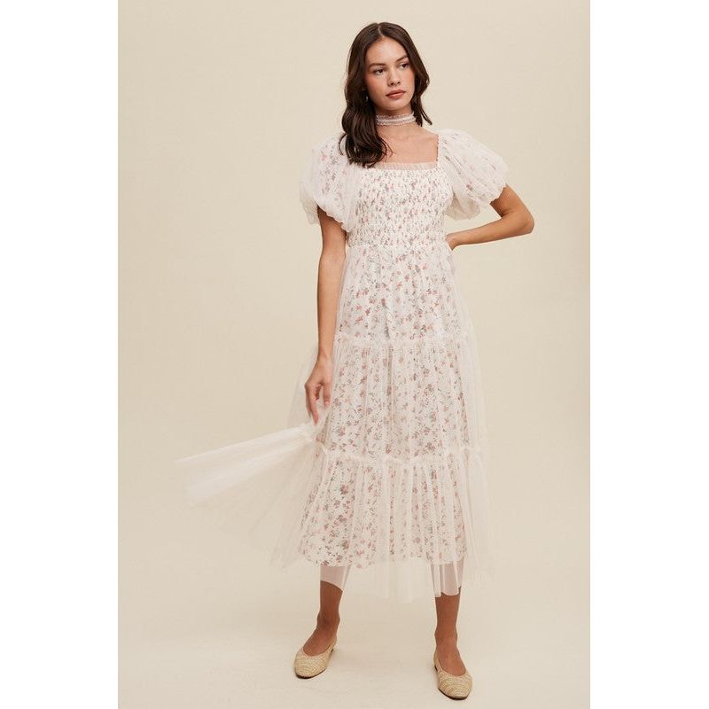 Floral Print and Mesh Puff Sleeve Maxi Dress