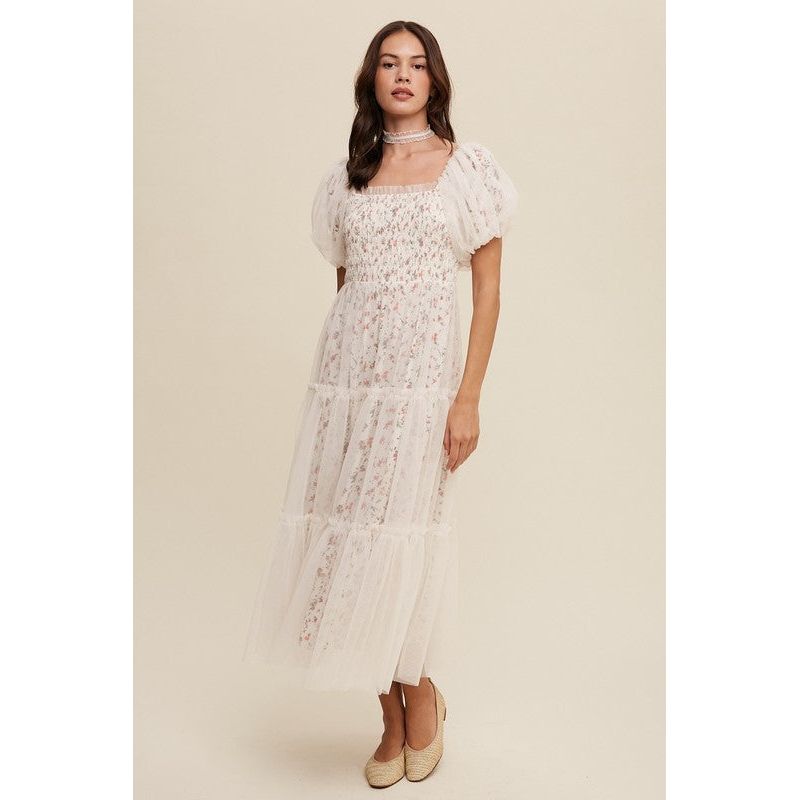 Floral Print and Mesh Puff Sleeve Maxi Dress