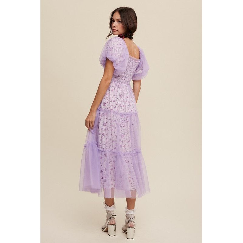 Floral Print and Mesh Puff Sleeve Maxi Dress