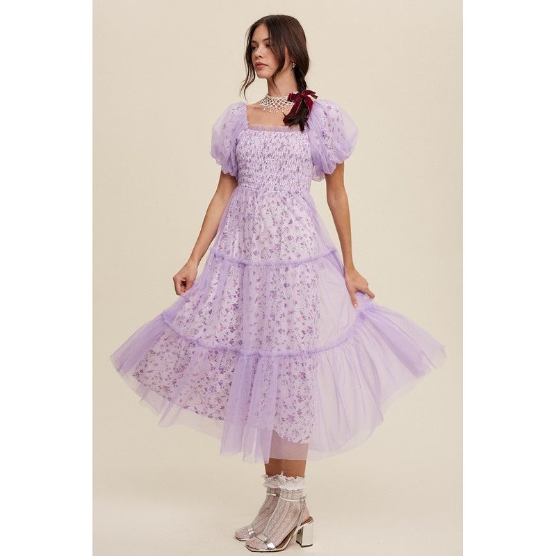 Floral Print and Mesh Puff Sleeve Maxi Dress