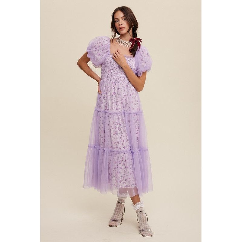 Floral Print and Mesh Puff Sleeve Maxi Dress