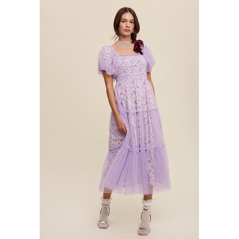 Floral Print and Mesh Puff Sleeve Maxi Dress