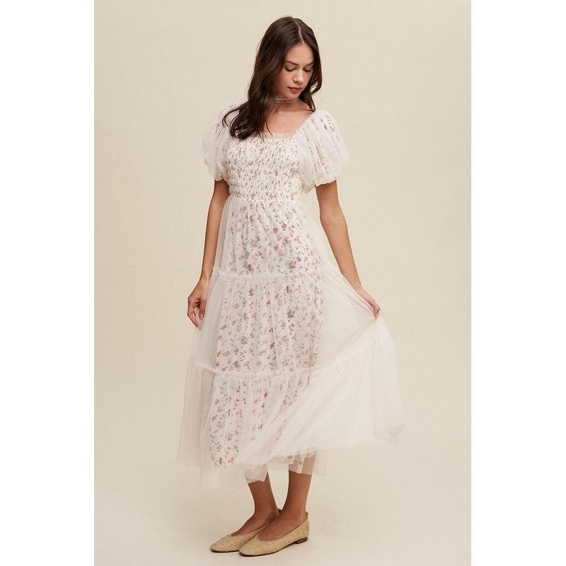 Floral Print and Mesh Puff Sleeve Maxi Dress