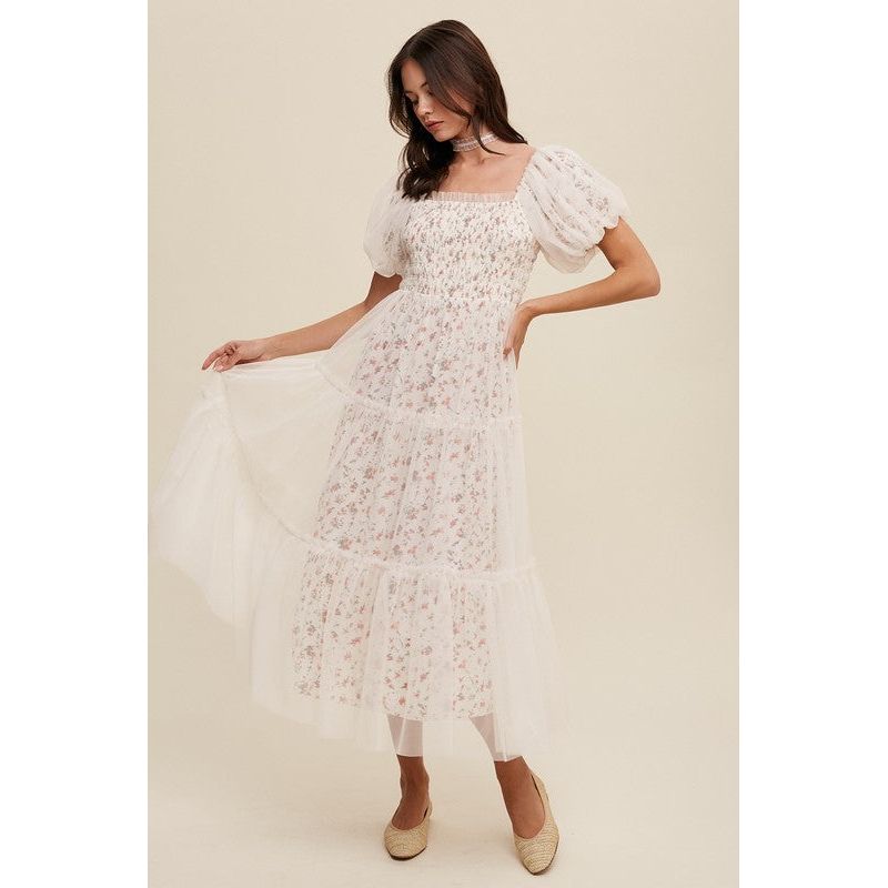 Floral Print and Mesh Puff Sleeve Maxi Dress