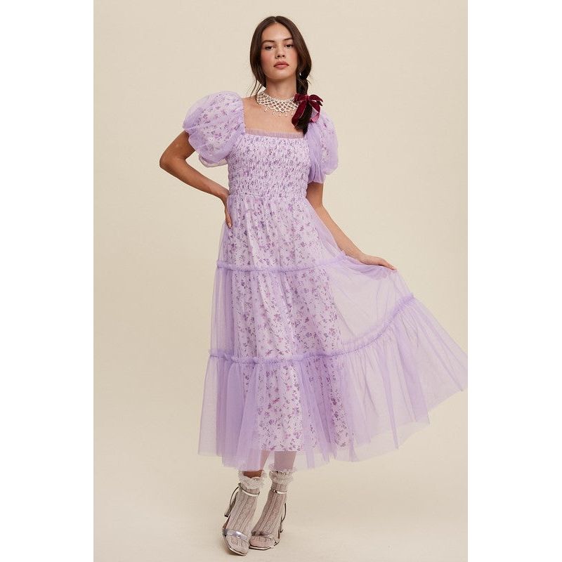 Floral Print and Mesh Puff Sleeve Maxi Dress