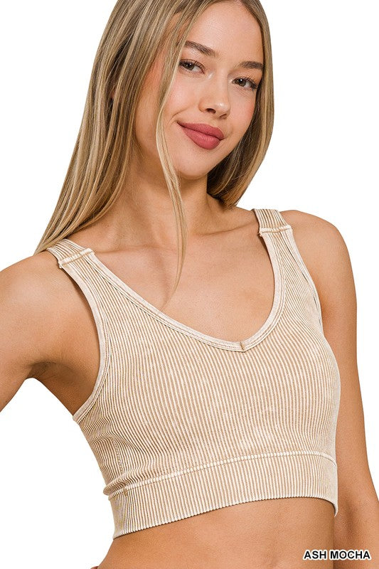 Stone Washed Ribbed Seamless Padded Tank Top
