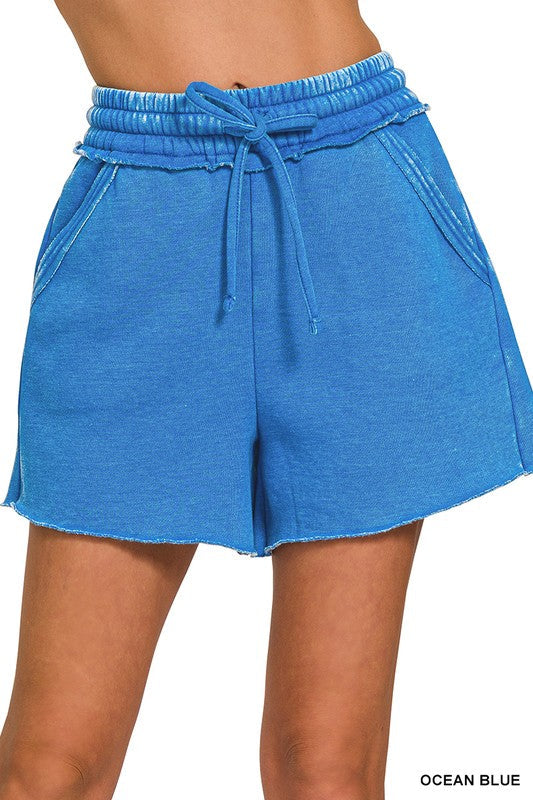 Acid Wash Fleece Drawstring Shorts With Pockets