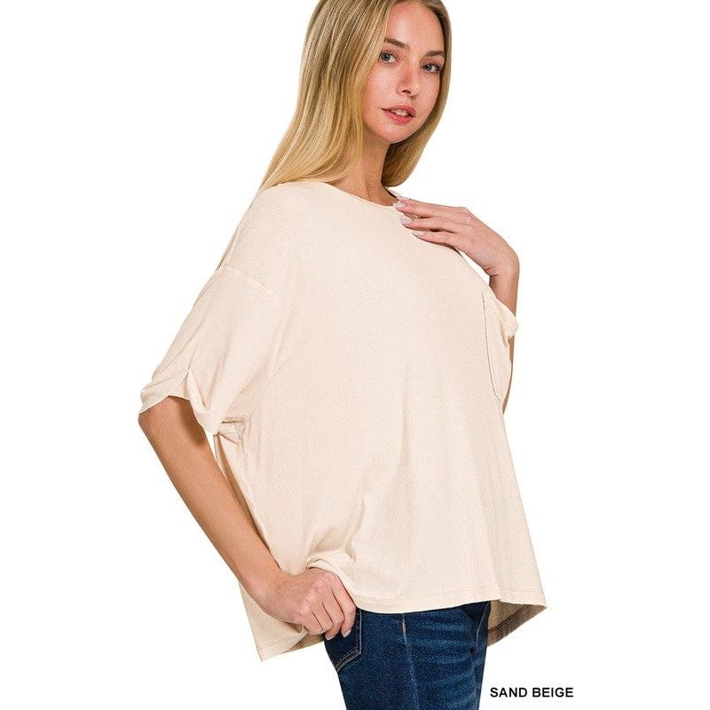 Washed Ribbed Cuffed Short Sleeve Round Neck Top