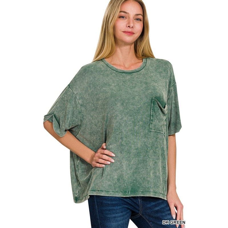 Washed Ribbed Cuffed Short Sleeve Round Neck Top