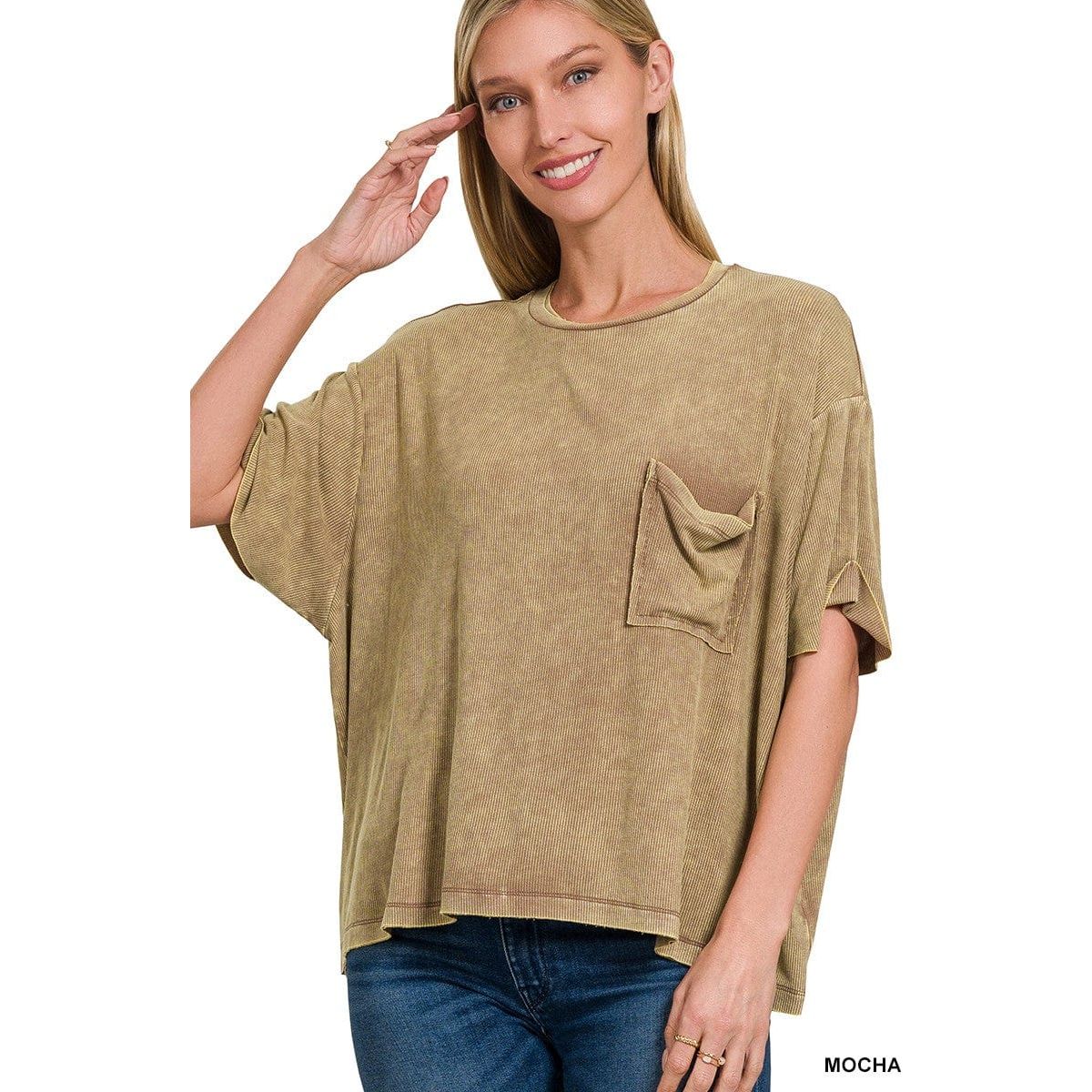 Washed Ribbed Cuffed Short Sleeve Round Neck Top