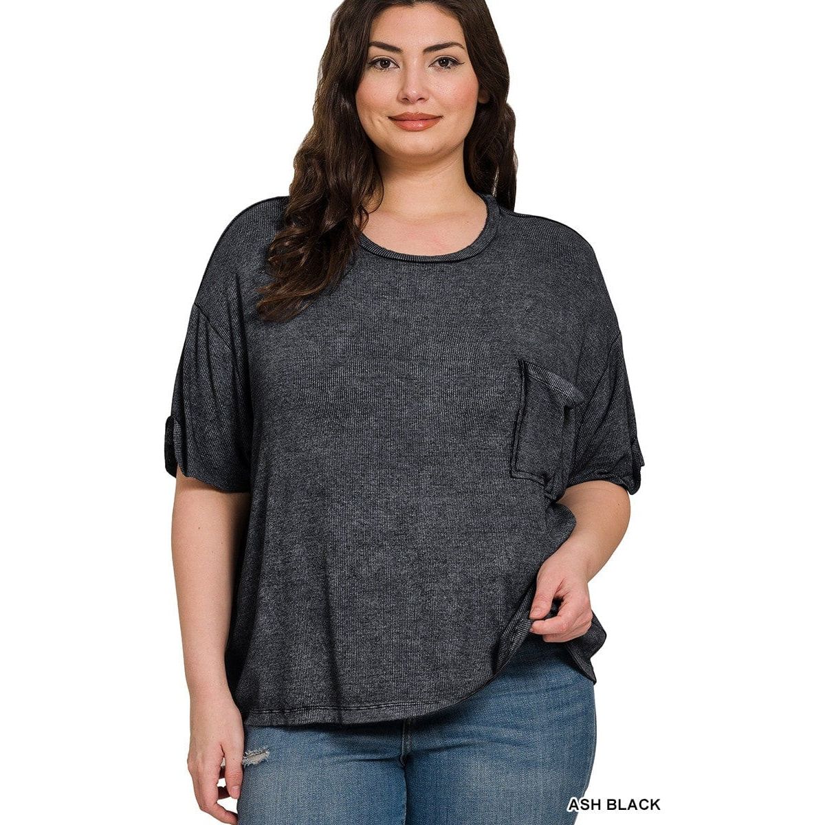 Plus Washed Ribbed Short Sleeve Round Neck Top