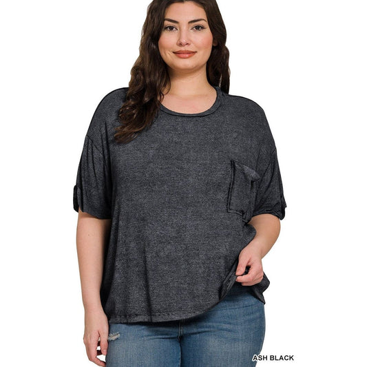 Plus Washed Ribbed Short Sleeve Round Neck Top