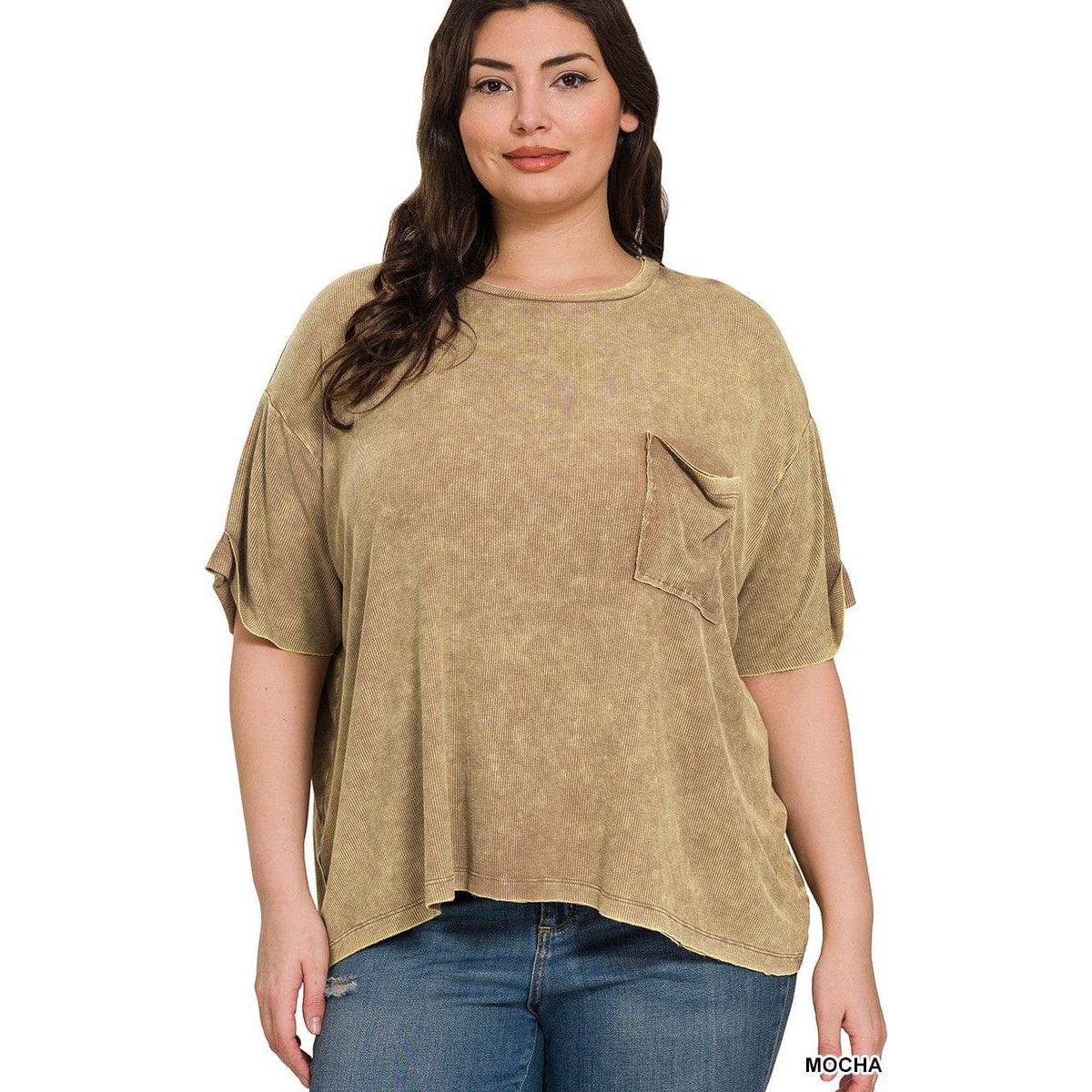 Plus Washed Ribbed Short Sleeve Round Neck Top