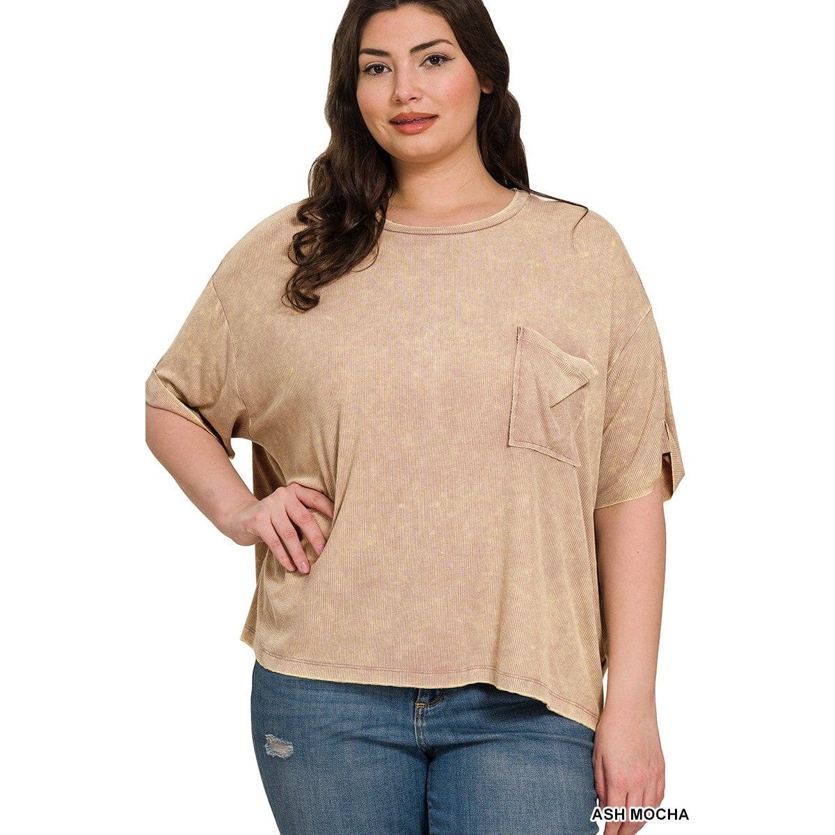 Plus Washed Ribbed Short Sleeve Round Neck Top
