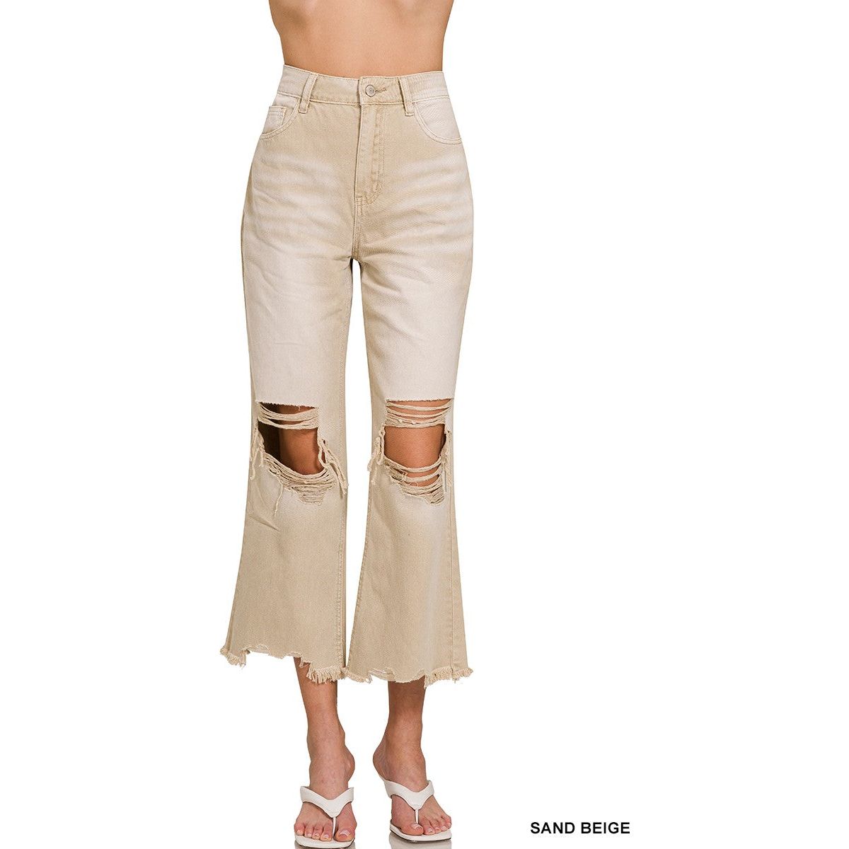 Washed Distressed Knee And Hem Cropped Pants