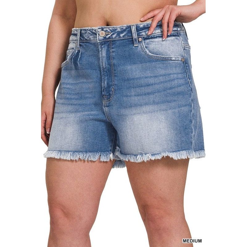 Plus Mid Rise Raw Frayed Hem Denim Shorts