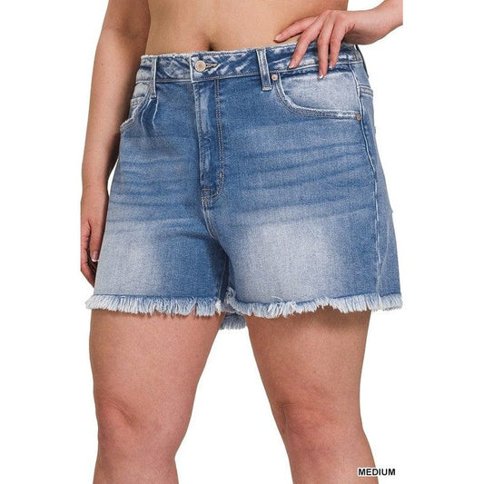 Plus Mid Rise Raw Frayed Hem Denim Shorts