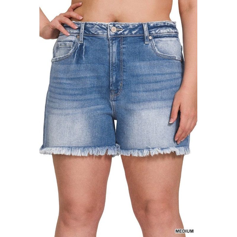 Plus Mid Rise Raw Frayed Hem Denim Shorts