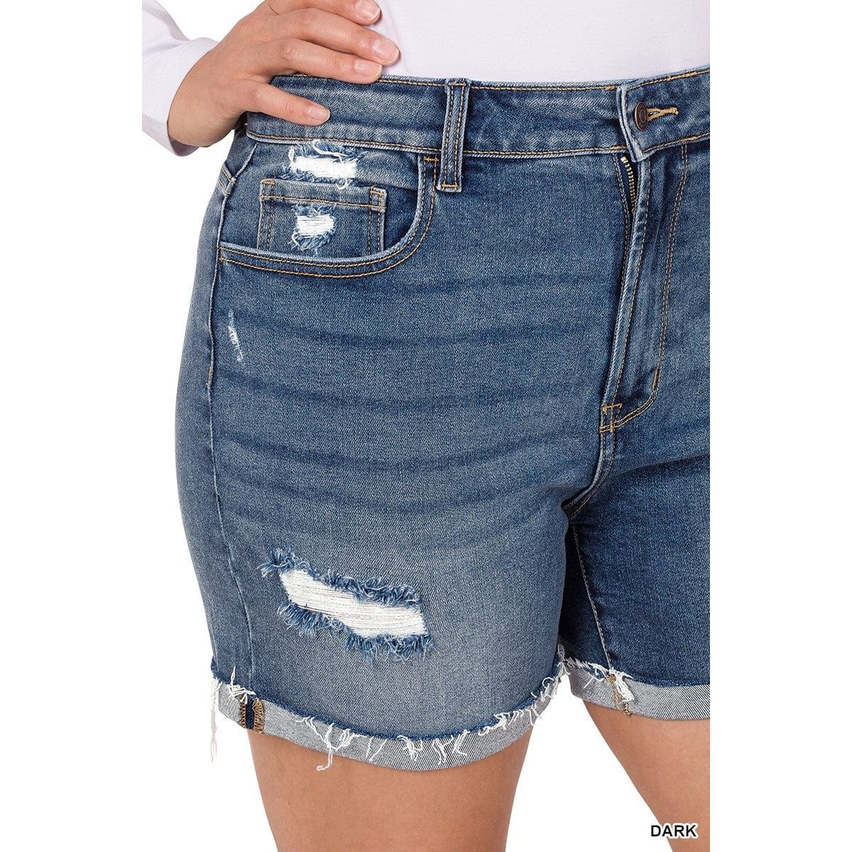 Plus Distressed Cuffed Raw Hem Denim Shorts