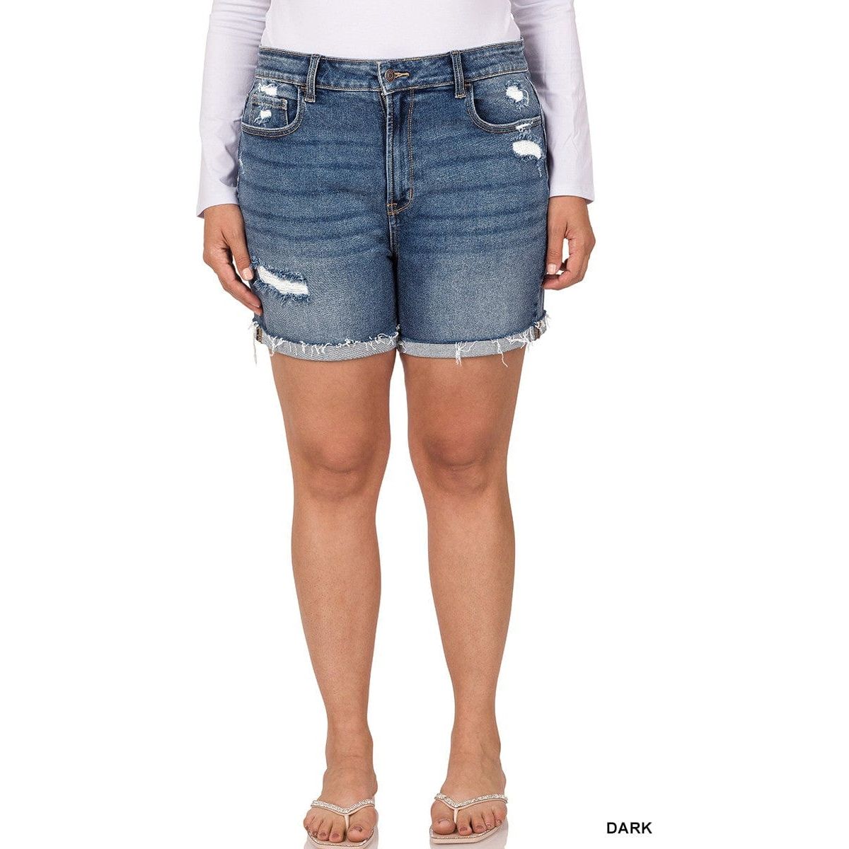 Plus Distressed Cuffed Raw Hem Denim Shorts