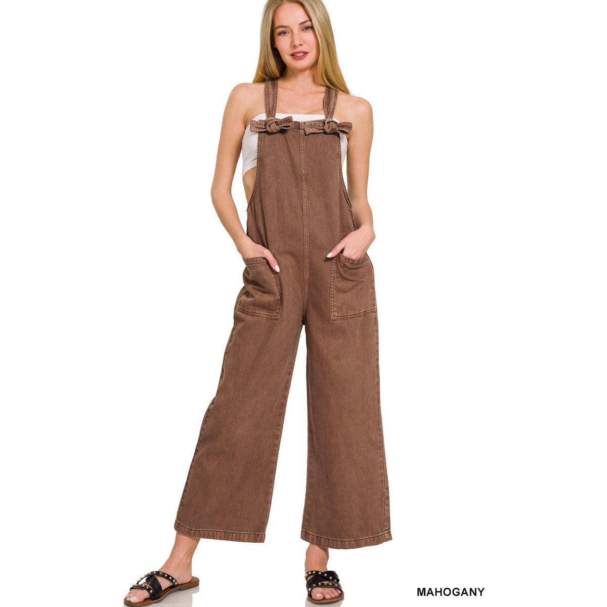 Washed Knot Strap Pockets Jumpsuit