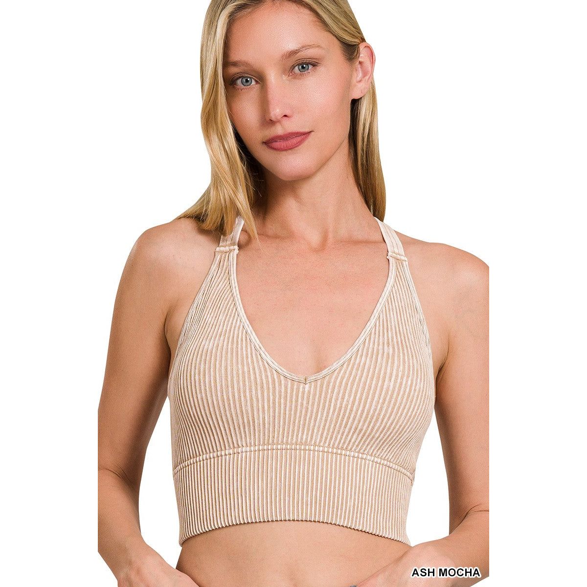 V Neck Washed rib Seamless Bra Padded Tank Top
