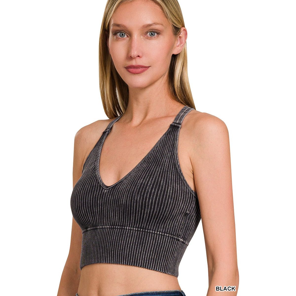 V Neck Washed rib Seamless Bra Padded Tank Top
