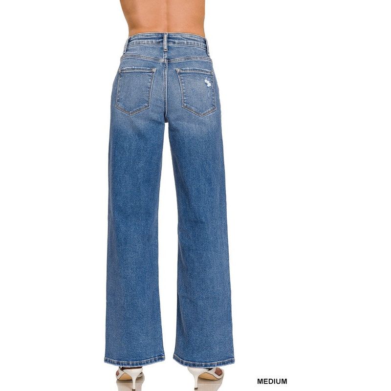HIGH WAIST STRAIGHT LEG MEDIUM WASH DENIM PANTS