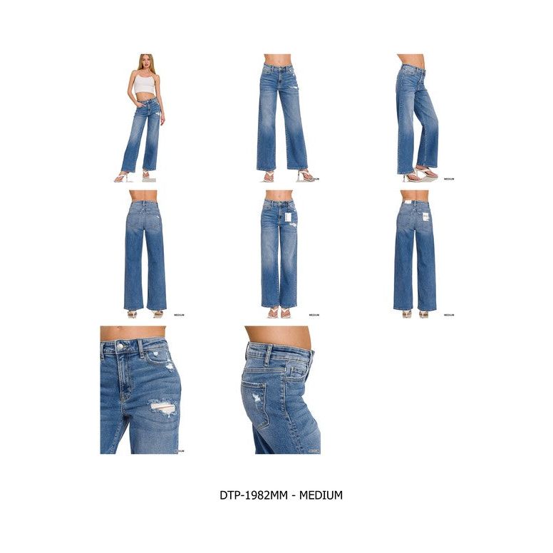 HIGH WAIST STRAIGHT LEG MEDIUM WASH DENIM PANTS