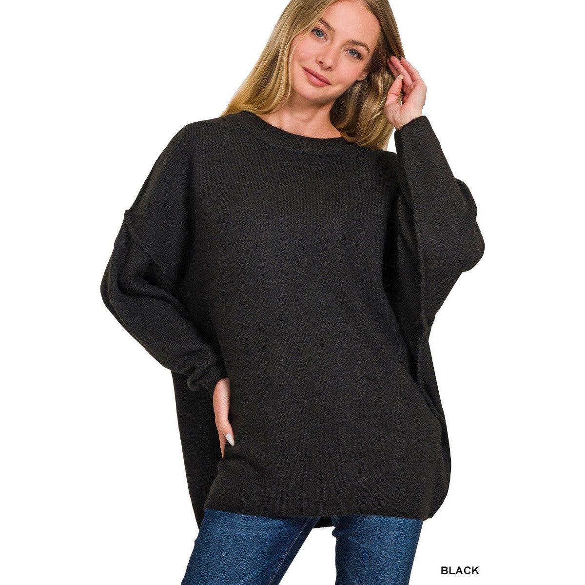 Oversized Round Neck Raw Seam Melange Sweater