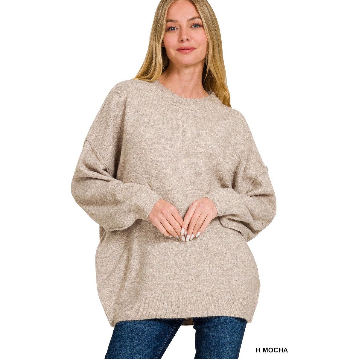 Oversized Round Neck Raw Seam Melange Sweater