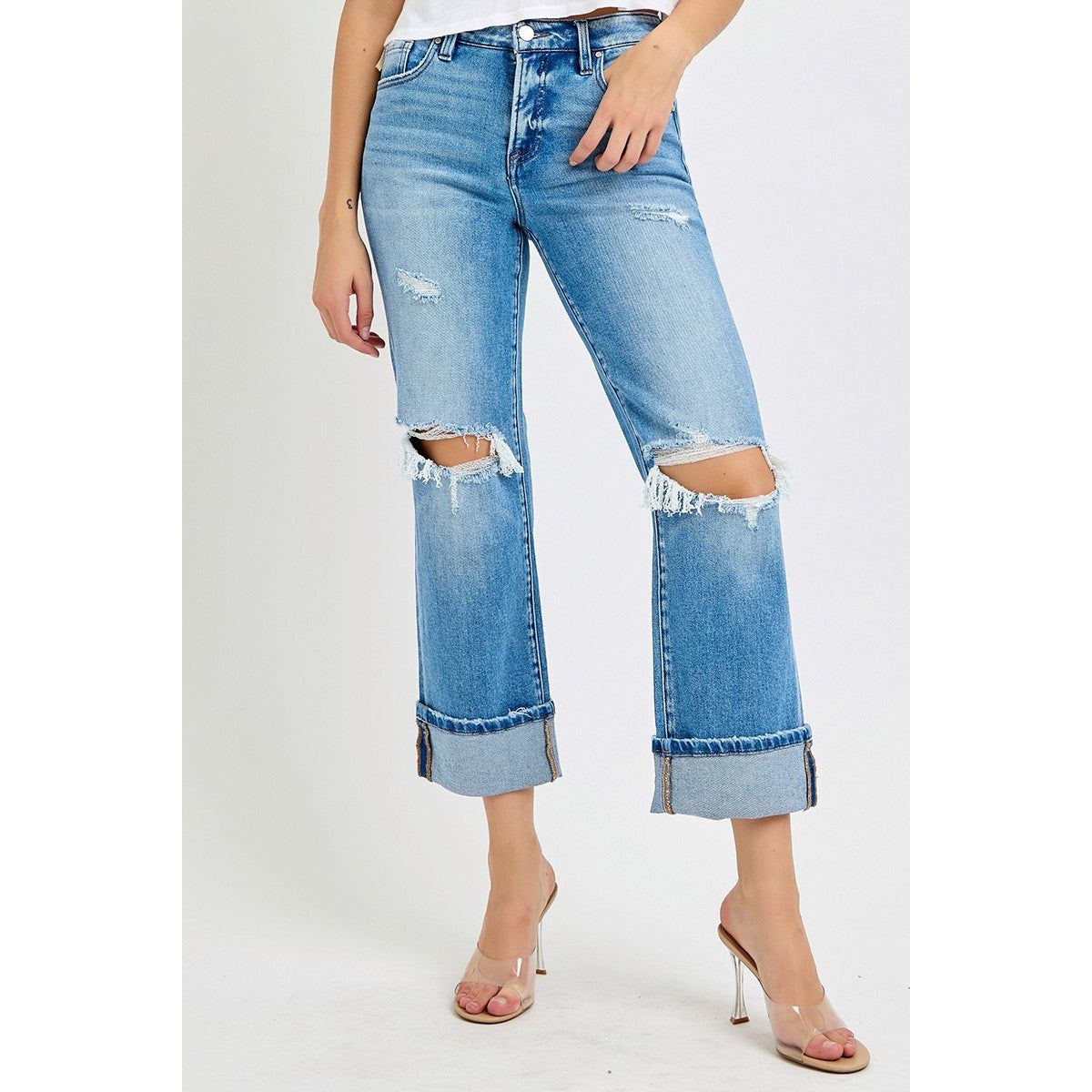 Tummy Control Mid Rise Crop Straight Cuffed Jeans