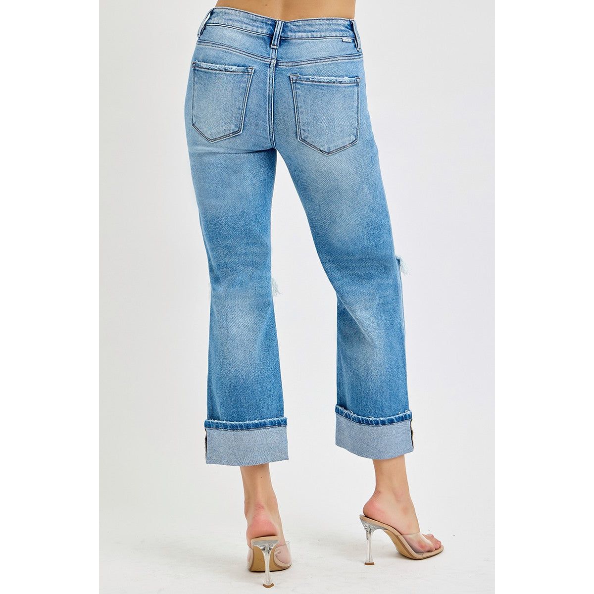 Tummy Control Mid Rise Crop Straight Cuffed Jeans