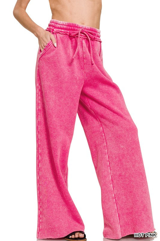 Acid Wash Fleece Palazzo Sweatpants With Pockets