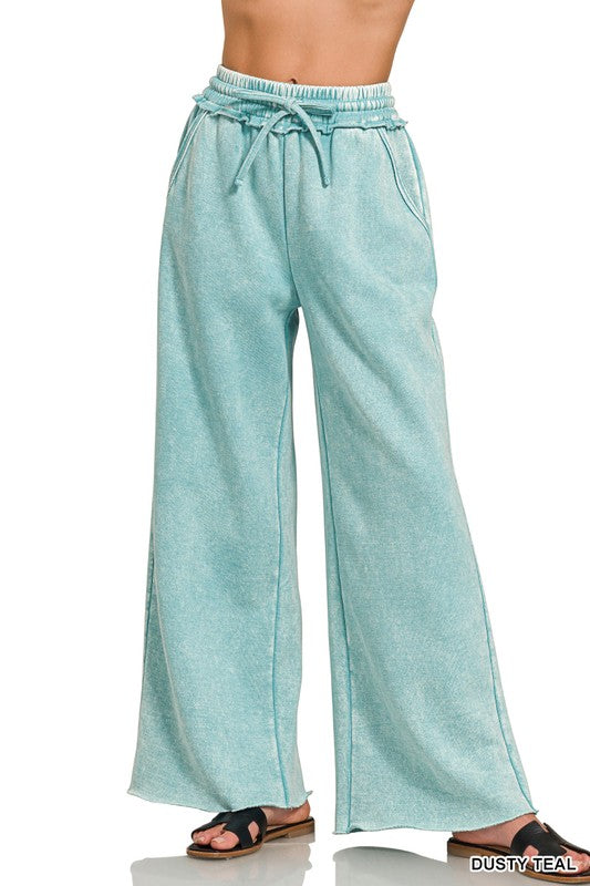Acid Wash Fleece Palazzo Sweatpants With Pockets