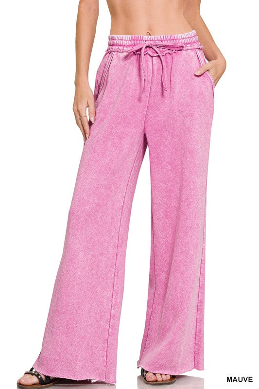 Acid Wash Fleece Palazzo Sweatpants With Pockets