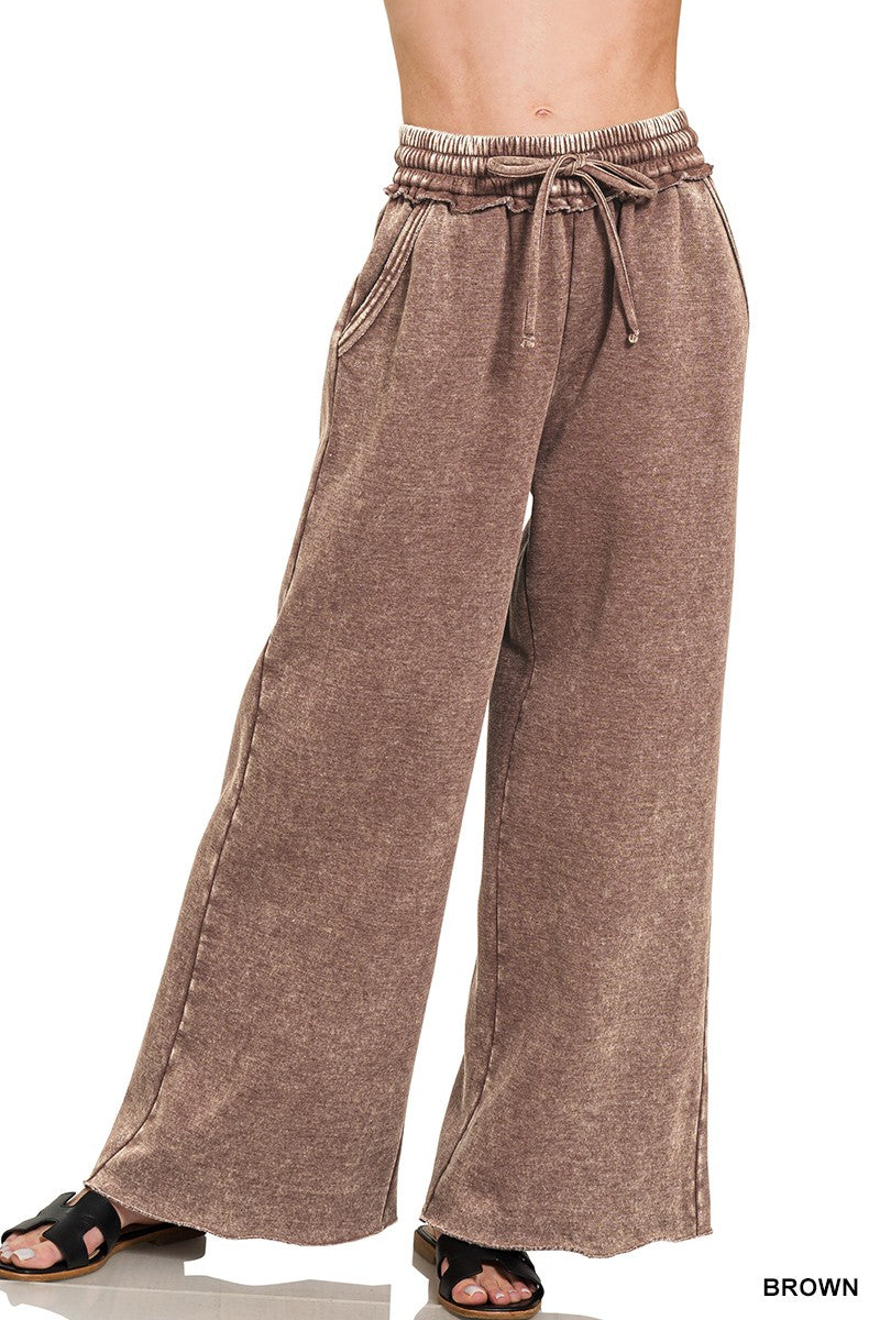 Acid Wash Fleece Palazzo Sweatpants With Pockets