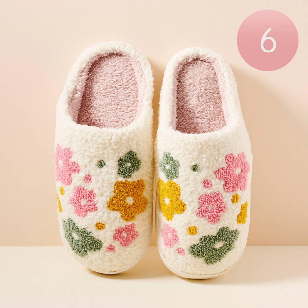 6Pairs - Floral Fuzzy Home Slippers