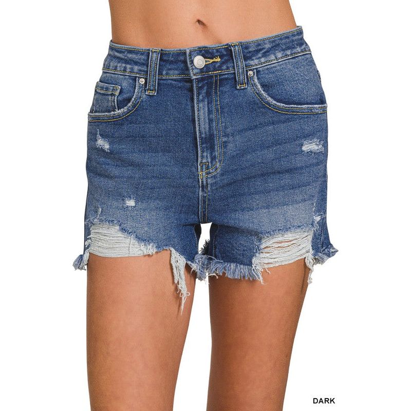 Distressed Hem Dark Wash Denim Shorts