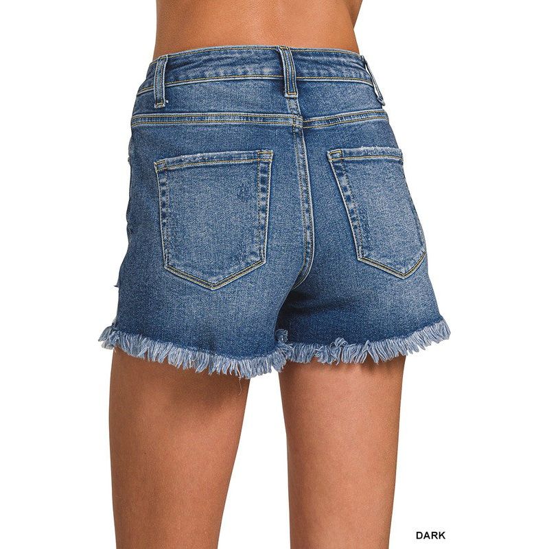 Distressed Hem Dark Wash Denim Shorts