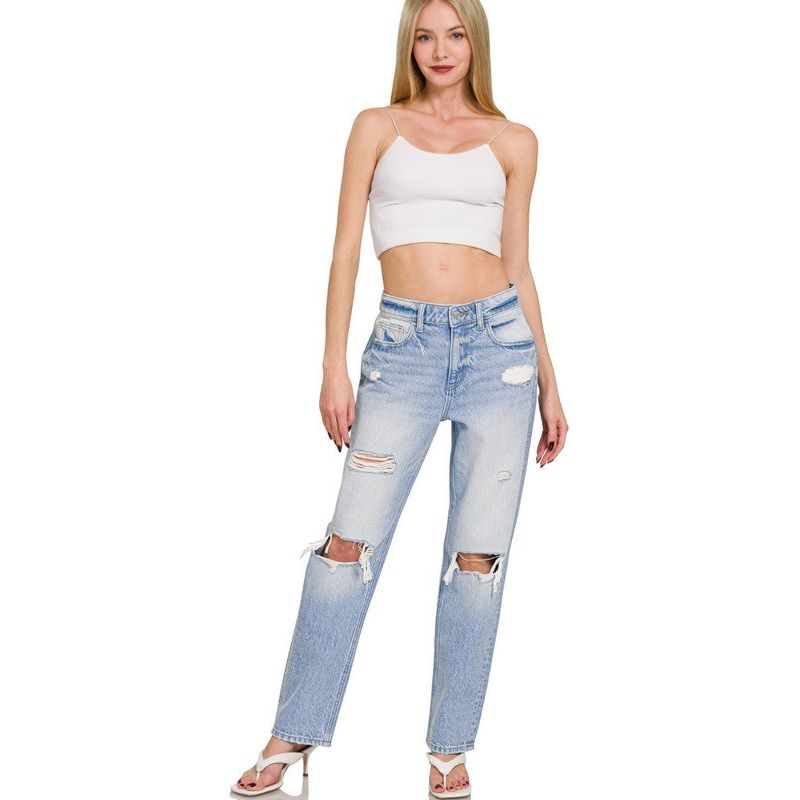 High -Rise Distressed Straight Leg Denim Pants
