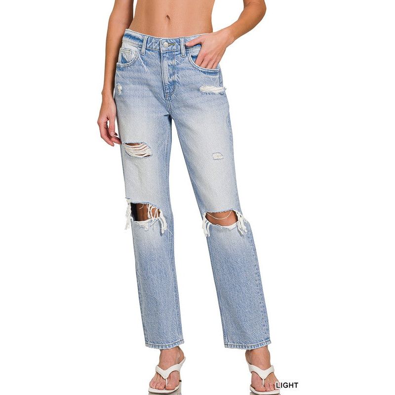 High -Rise Distressed Straight Leg Denim Pants