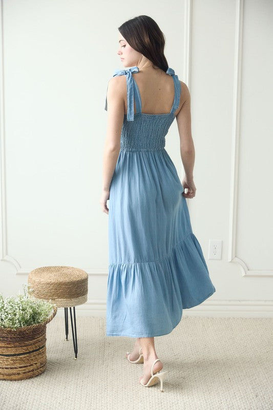 Chambray Smocked Tie Strap Maxi Dress